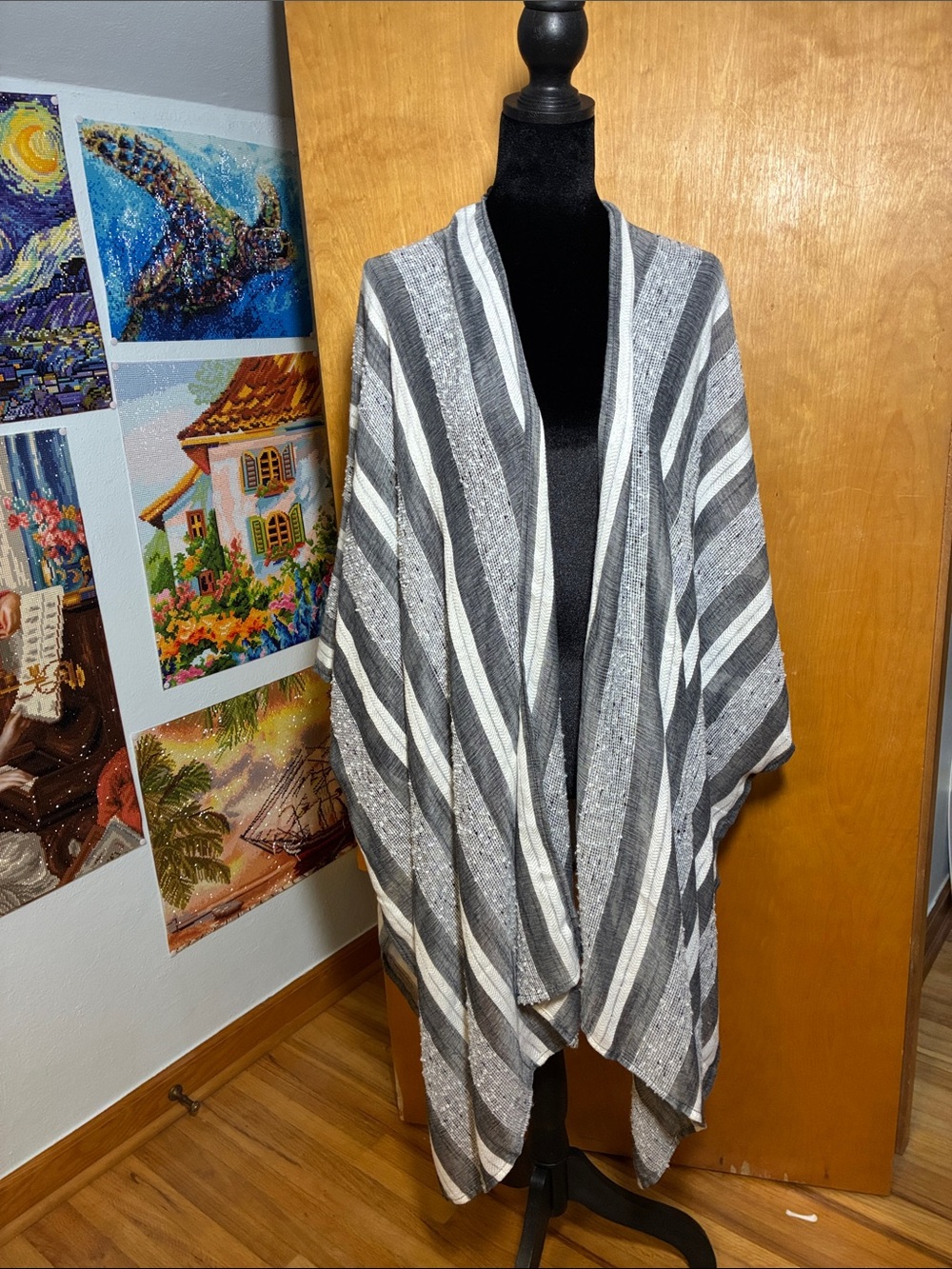 Time and Tru Navy and White Striped Open-Front Wrap